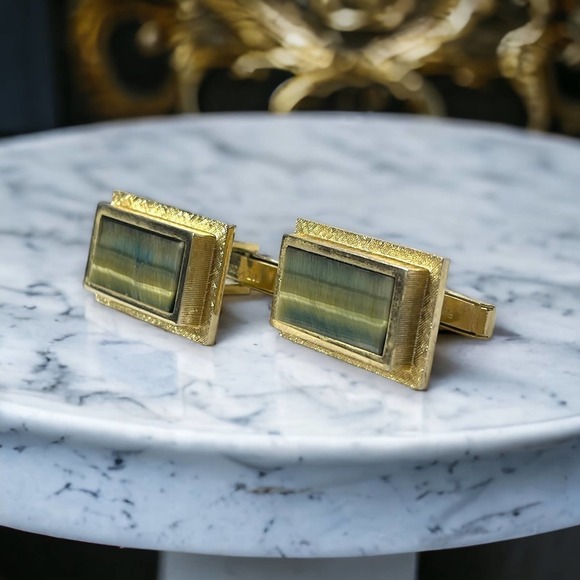Vintage Tiger’s Eye Cufflinks Cat’s Eye Brushed Finish 10KT GP Tested Unsigned - Picture 1 of 8